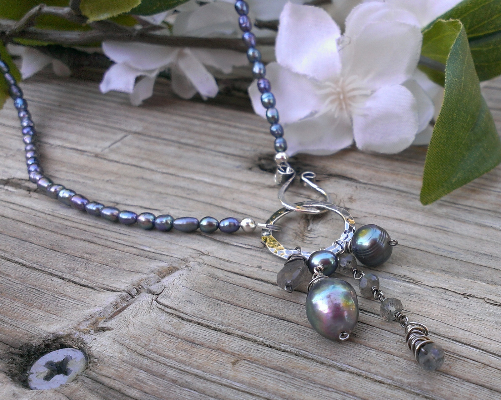Emmy Pearl Necklace (Pewter Pearl) with Gemstone & Pearl Charms