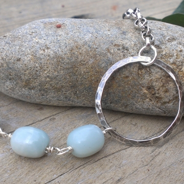 Amazonite Link on Heavy Chain with Hammered Circle Amazonite Link on Heavy Chain with Hammered Circle
