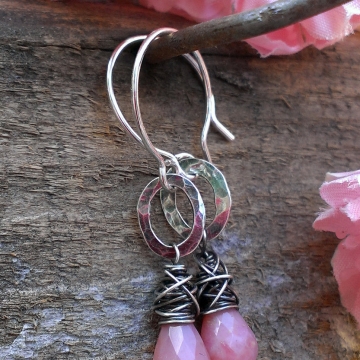 Wonky Wrapped Coral Briolette on Hammered Oval Hoop Earring Wonky Wrapped Coral Briolette on Hammered Oval Hoop Earring