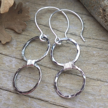 Loop-de-Loop Wrapped Circle Duo - Hammered Sterling Earrings with Sterling Wire Wrap Loop-de-Loop Wrapped Circle Duo - Hammered Sterling Earrings with Sterling Wire Wrap