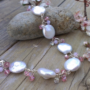 White Coin Pearl & Shades of Pink Swarovski Charm Bracelet