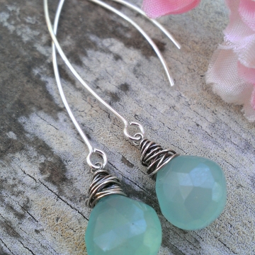 Wonky Wrapped Earrings II - Mystic Green Chalcedony on Long, Handforged "V" Hook Earwires