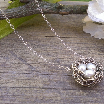Nest Necklace - Single Nest, Trio in White, Pink or Peacock