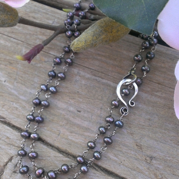 Chain of Pearls Necklace - Peacock Freshwater Pearls linked with Sterling Silver, Long Strand (36")