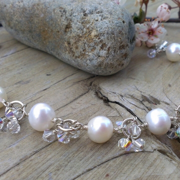 Bliss Bridal - White Pearl & Swarovski Charm Bracelet
