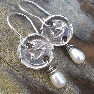 Antique Insignia / Fine Silver Earrings - Birds & Birdbath with Pearl Charms Antique Insignia / Fine Silver Earrings - Birds & Birdbath with Pearl Charms