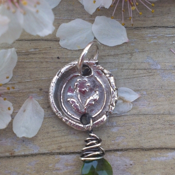 Antique Insignia / Fine Silver Pendant - Posey & Chrome Diopside Charm Antique Insignia / Fine Silver Pendant - Posey & Chrome Diopside Charm