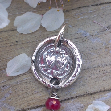 Antique Insignia / Fine Silver Pendant - "Forever" & Ruby Charm (Two Hearts Intertwined above) Antique Insignia / Fine Silver Pendant - "Forever" & Ruby Charm (Two Hearts Intertwined above)