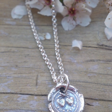 Antique Insignia / Fine Silver Pendant - "Forever" (Two Hearts Intertwined above)