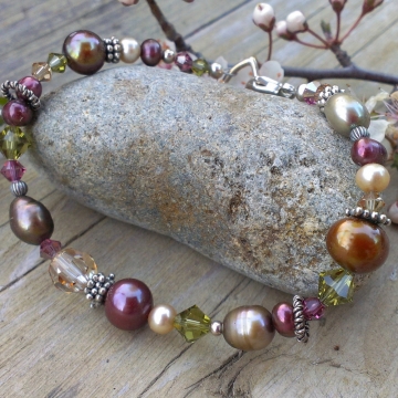 Autumn Shades - Single Strand Bracelet in Pearls, Crystals & Sterling Autumn Shades - Single Strand Bracelet in Pearls, Crystals & Sterling