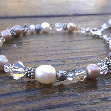 Shades of Champagne - Single Strand Bracelet in Pearls, Crystals & Sterling