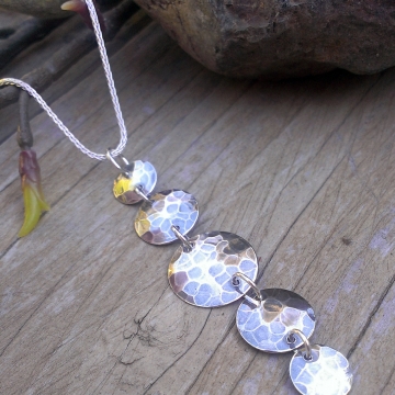 Five Drop Hammered Necklace on Wheat Chain