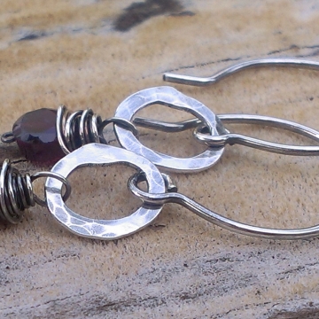 Wonky Wrapped Garnet on Hammered Oval Hoop - Earrings