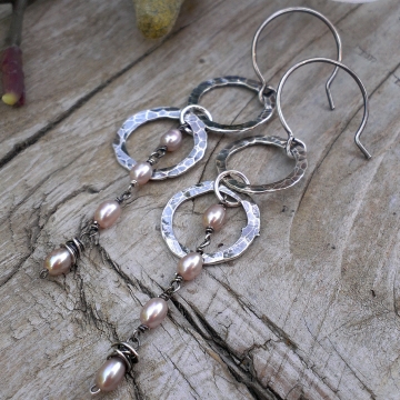Double Hoop Charm Earrings - Hammered Sterling Circles & Linked Pink Pearls with Wonky Wrap Double Hoop Charm Earrings - Hammered Sterling Circles & Linked Pink Pearls with Wonky Wrap