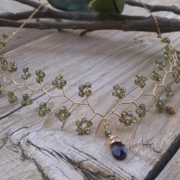 Vine Collection - Cubic Zirconia (Olive Colored) & Garnet Necklace in 14K Gold Fill