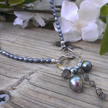 Emmy Pearl Necklace (Pewter Pearl) with Gemstone & Pearl Charms Emmy Pearl Necklace (Pewter Pearl) with Gemstone & Pearl Charms