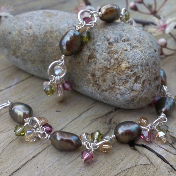 Autumn Shades Charm Bracelet - Bronze-Green Freshwater Pearls & Swarovski Charm Bracelet
