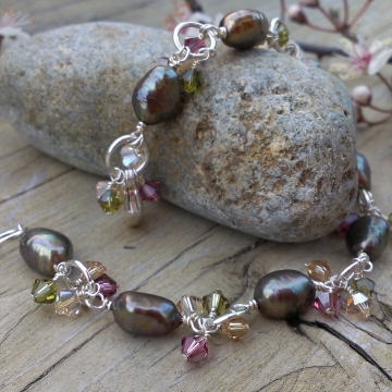 Autumn Shades Charm Bracelet - Bronze-Green Freshwater Pearls & Swarovski Charm Bracelet Autumn Shades Charm Bracelet - Bronze-Green Freshwater Pearls & Swarovski Charm Bracelet