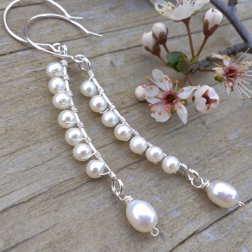 Curved Bar Earrings with Freshwater Pearl & Sterling Wrap + Pearl Charm Dangle