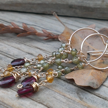 As Seen On TV: Hart of Dixie / 14 K Gold Filled Hoop Earring with Gemstone Cascade / Garnet, Citrine & Olive CZ