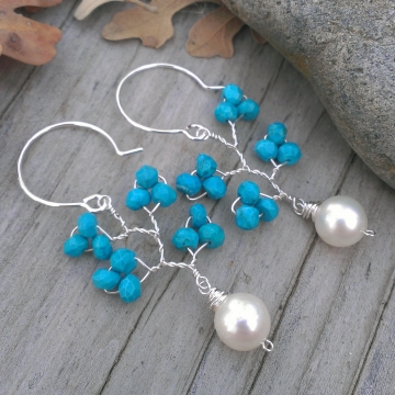Vine Collection - Faceted Turquoise Rondelles with Grade AAA White Freshwater Pearl Charm / Earrings