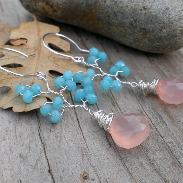 Vine Collection - Faceted Blue Chalcedony Rondelles with Pink Mystic Chalcedony Briolettes / Earrings