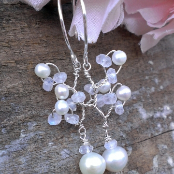 Vine Collection - Pearl & Moonstone Earrings in Sterling Silver