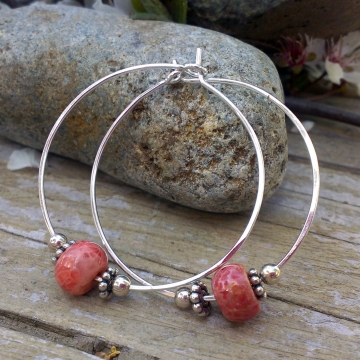 Handforged Sterling Hoop with Fossilized Coral & Sterling Bead Accents - Large Handforged Sterling Hoop with Fossilized Coral & Sterling Bead Accents - Large