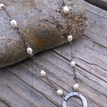 Pearl Station Necklace with Hammered Circle Focal Link, handforged sterling, adjustable Pearl Station Necklace with Hammered Circle Focal Link, handforged sterling, adjustable