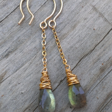Labradorite Earrings in 14K Gold Fill - Labradorite Briolettes hang from 14KGF chain with Wonky Wrap detail
