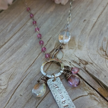 Tourmaline and Quartz Crystal Gemstones Linked with Sterling Wire - Handforged Clasp, Hand-stamped Medallion & Gemstone Charms