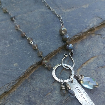 Labradorite Gemstones Linked with Sterling Wire - Handforged Clasp, Hand-stamped Medallion & Gemstone Charms