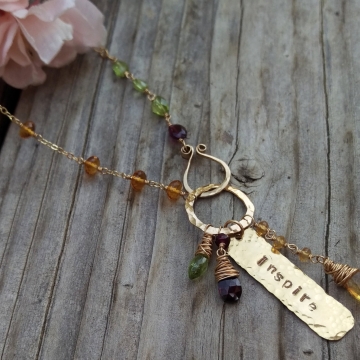 Peridot, Citrine and Garnet Linked with 14KGF Wire - Handforged Clasp, Hand-stamped Medallion, Gemstone Charms