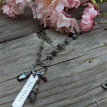 Mystic Labradorite, Labradorite and Garnet Briolette Linked with Sterling Wire - Handforged Clasp, Hand-stamped Medallion