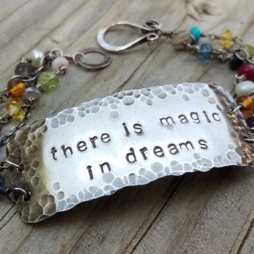 Gemstone Link Bracelet with Message - Handforged Clasp, Hand-stamped Medallion & Gemstone Charms