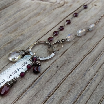 Garnet and Quartz Crystal Gemstones Linked with Sterling Wire - Handforged Clasp, Hand-stamped Medallion & Gemstone Charms
