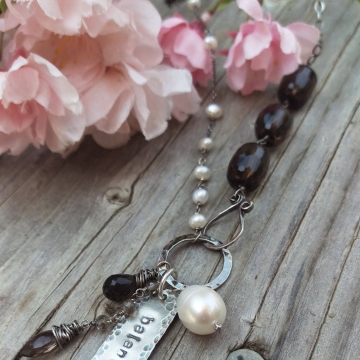 Smoky and Clear Quartz Crystal Gemstones Linked with Sterling Wire - Handforged Clasp, Hand-stamped Medallion & Gemstone Charms