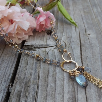 Blue Quartz Rosary Link Convertible Charm - Fringe Necklace - Wear Two Ways!