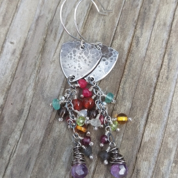 Shield Earrings in Hammered Sterling with Gemstone Cascade Finished with Wonky Wrap