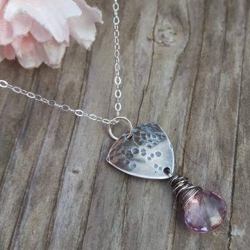 Shield Necklace in Hammered Sterling with Pink Quartz Brioletted Finished with Wonky Wrap - Sterling Chain, Adjustable