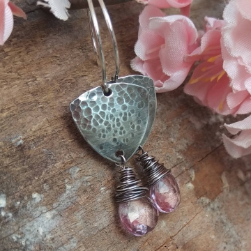 Shield Earrings in Hammered Sterling with Pink Quartz Brioletted Finished with Wonky Wrap