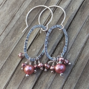 Textured Sterling Oval & Pearl and Pyrite Cluster Charm Earring